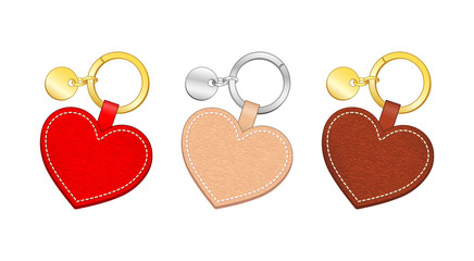 heart shape key chains pendants template set, multicolor leather key rings, vector illustration sketch template