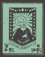 Sao Pedro (Saint Peter) illustration for Festa Junina decoratio vector. Brazilian woodcut style. 