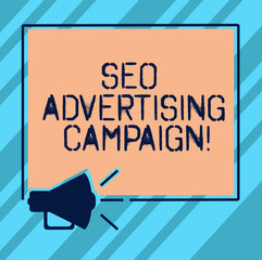 Text sign showing Seo Advertising Campaign. Conceptual photo Promoting a site to increase the number of backlink Megaphone Sound icon Outlines Blank Square Loudspeaker Text Space photo