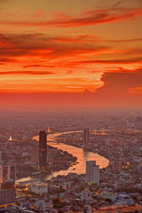 View of Bangkok city sunset Chao Phraya River.      