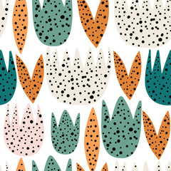 Tulips and leaves with black dots seamless pattern, vector design for wrapping paper, textile, background fill design.