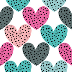 Fototapeta premium Hearts with black dots seamless pattern, vector design for wrapping paper, textile, background fill design..