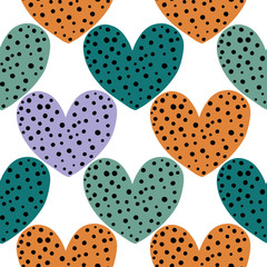Hearts with black dots seamless pattern, vector design for wrapping paper, textile, background fill design..