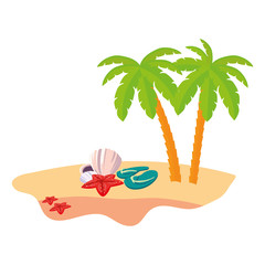 summer beach scene with tree palms and flip flops