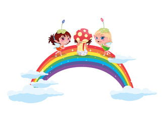 beautiful magic fairies with fungu elf and rainbow