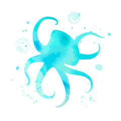 blue octopus character with watercolor texture on white background.