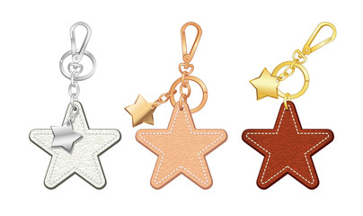 metal star pendants key chains/ bag charms set, Star shaped key rings, vector illustration sketch template