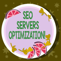Word writing text Seo Servers Optimization. Business concept for SEO network working at maximum efficiency Cutouts of Sliced Lime Wedge and Herb Leaves on Blank Round Color Plate