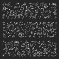 Vector illustration in cartoon style, active company of playful preschool kids jumping, at a party, birthday. monochrome chalk drawing on blackboard.