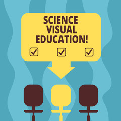 Conceptual hand writing showing Science Visual Education. Business photo showcasing Use infographic to understand ideas and concepts Space Color Arrow Pointing to One of the Three Swivel Chairs