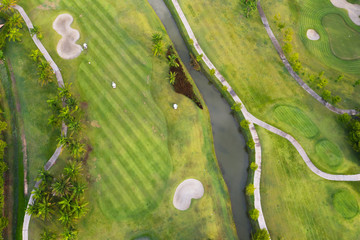 Aerial view of the green golf course in Thailand.