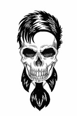 Monochrome illustration barbershop of skull with beard, mustache, hipster haircut and on white background, cartoon, angry, beautiful, brutal.