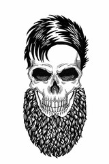 Monochrome illustration barbershop of skull with beard, mustache, hipster haircut and on white background, cartoon, angry, beautiful, brutal.