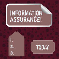 Conceptual hand writing showing Information Assurance. Concept meaning the process of protecting information from being seen Color Label Self Adhesive Sticker with Border Corner and Tag