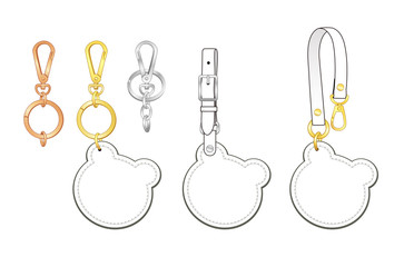 Fototapeta na wymiar Blank Bear head shaped key chains/ bag charms set, bear head tags with detachable strap, vector illustration sketch template