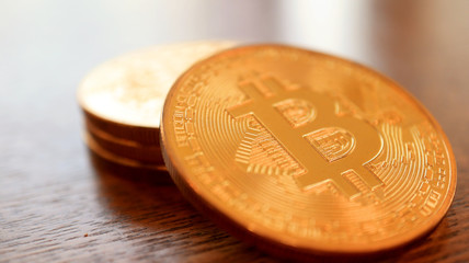 Very Close up the Pile of Bitcoins