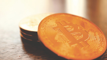 Very Close up the Pile of Bitcoins