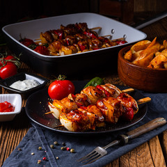 marinated kebab skewers with meat and vegetables