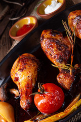 grilled chicken legs in barbecue marinade with sweet potatoes