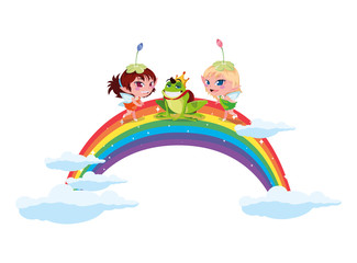 Obraz premium beautiful magic fairies with toad prince and rainbow scene