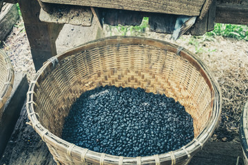 Coffee beans are in the basket.