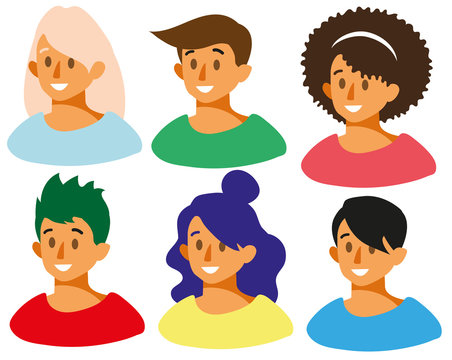 A set of smiling faces. Facial expression. Girl Avatar. Boy Avatar. Set with the smiling faces of guys and girls. Vector illustration flat design.