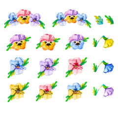 Fototapeta premium Watercolor set of pansies, spring garden viola tricolor collection isolated on white background. Floral design. Hand drawn floral illustration,colorful image of flowers and leaves.