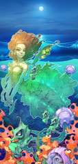 Obraz na płótnie Canvas Mermaid, fish, seaweed, starfish and jellyfish drawings in a cartoon cute style