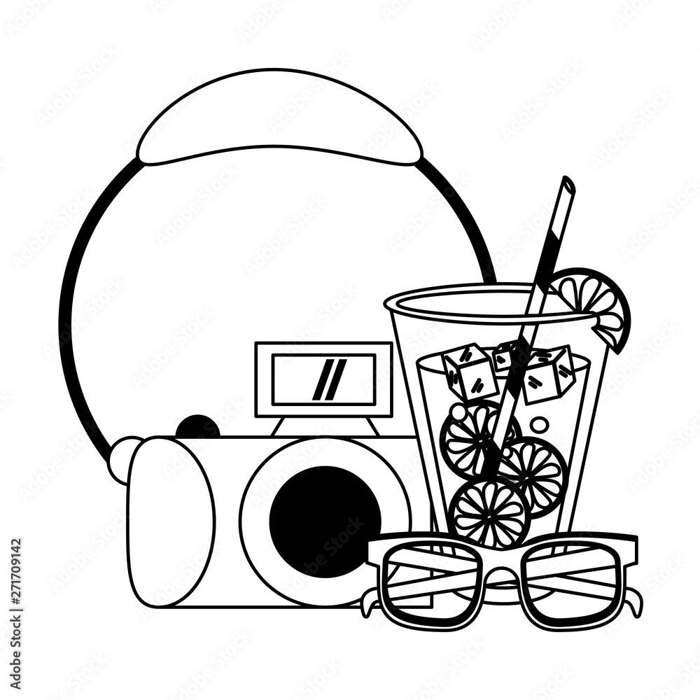 Poster lemonade with sunglasses and camera cartoons in black and white