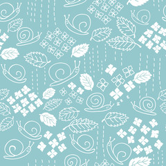 Seamless snail pattern. Light blue background. Vector illustration.