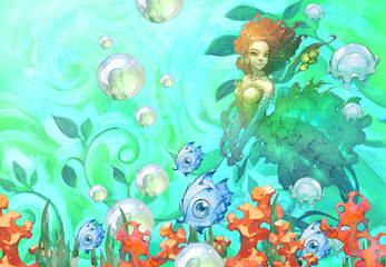 Fototapeta na wymiar Mermaid, fish, seaweed, starfish and jellyfish drawings in a cartoon cute style