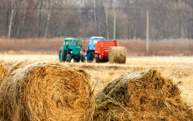 Obraz premium Tractors for harvesting dry grass in bales of straw in the field in the autumn. Special agricultural machinery. In the foreground are bales of straw. Shallow depth of field.