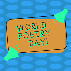 Word writing text World Poetry Day. Business photo showcasing Worldwide literature celebration reading books time Two Megaphone with Sound icon on Blank Color Outlined Rectangular Shape
