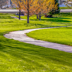 Square Grassy terrain with a curving pathway that leads to the road in front of houses