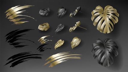Tropical black and gold monstera leaves on dark background vector set. Beautiful botanical isolated design element, tropic jungle plant, exotic philodendron leaf and black and golden paint smears © klyaksun
