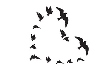 Obraz na płótnie Canvas Flying Birds Silhouettes in the shape of heart isolated on white background, vector. Black and white Wall Decals, Art Decor, Wall Decoration. Symbol of freedom and love