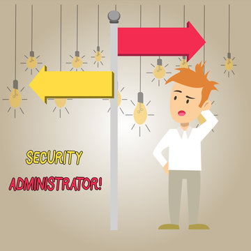 Word writing text Security Administrator. Business photo showcasing demonstrating who administers user access rights to systems Man Confused with the Road Sign Arrow Pointing to Opposite Side