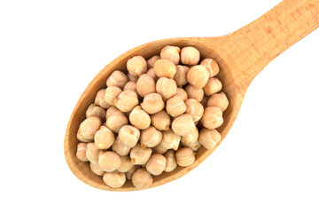 Small wooden spoon  with chickpeas seen isolated on white background.