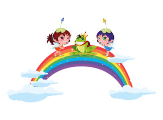 beautiful magic fairies with toad prince and rainbow scene