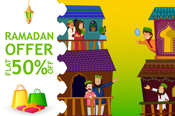 Muslim families wishing Eid Mubarak,Happy Eid on Ramadan festival shopping sale in vector