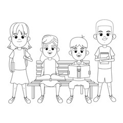 young kids with books on a bench black and white