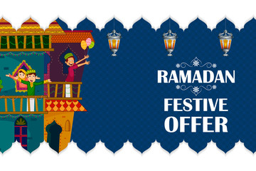 Muslim families wishing Eid Mubarak,Happy Eid on Ramadan festival shopping sale in vector