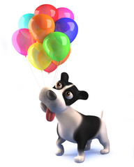 Cartoon black and white puppy dog in 3d playing with colored balloons