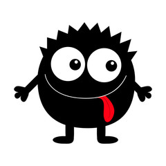 Monster black round silhouette. Two eyes, tongue, hands. Cute cartoon kawaii scary funny character. Baby collection.Happy Halloween. White background. Isolated. Flat design.