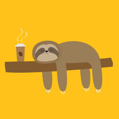 Obraz premium Sloth sleeping on tree branch. Cute lazy cartoon kawaii funny character. I love coffee paper cup drink. Slow down. Wild joungle animal collection. Isolated. Yellow background. Flat design.