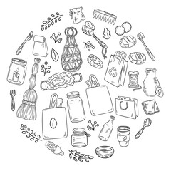 Eco friendly set of doodles in a circle. Ecological and zero-waste collection of items. Go green living