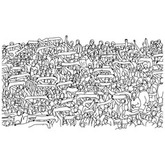 crowd of soccer fan cheering on stadium vector illustration with black lines isolated on white background