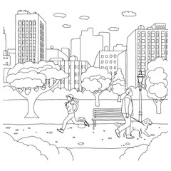 woman jogging and man walk with dog in the park vector illustration sketch doodle hand drawn with black lines