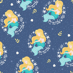 Dark blue mermaid pattern for kids. Girl print. Fashion illustration drawing in modern style for clothes. Design for kids.
