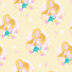 Obraz na płótnie Canvas Mermaid pattern on yellow background. For kids fashion artwork, children books, prints and fabrics or wallpapers. Girl print. Design for kids. Fashion illustration drawing in modern style for clothes.